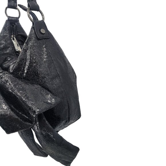 Simply Vera Liquid Black Bow Shoulder Bag Vegan Faux Leather Artsy Biker Goth - Picture 10 of 14